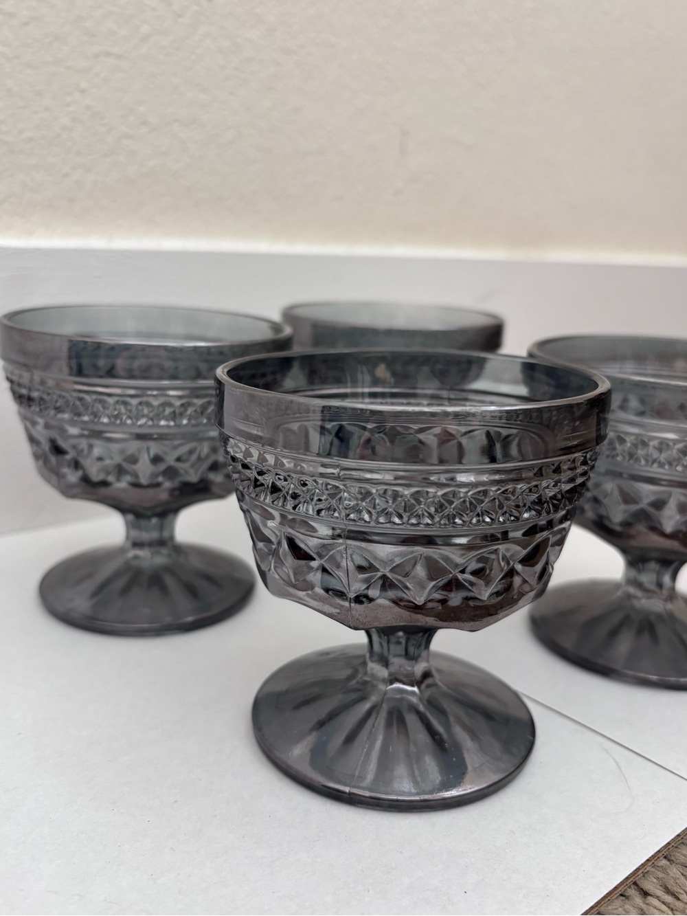 Vintage Smoky Gray Pressed Glass Dessert Cups - Set of 4